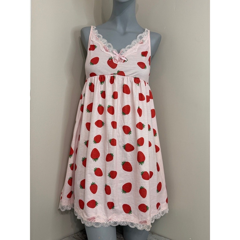 AVIDLOVE Strawberry Print Nightgown Slip Dress Pink White Size M - Picture 2 of 8